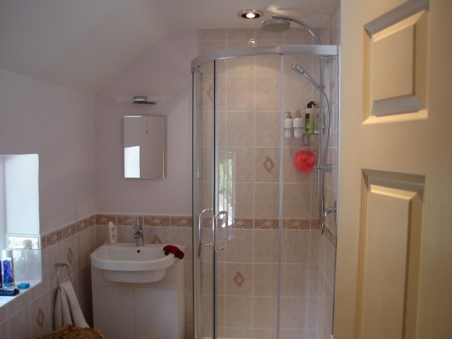 Sink, shower cubicle in finished bathroom installation